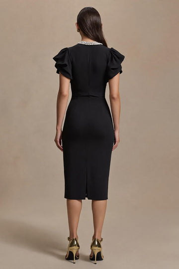 Black V-Neck Midi Work Dress With Ruffles
